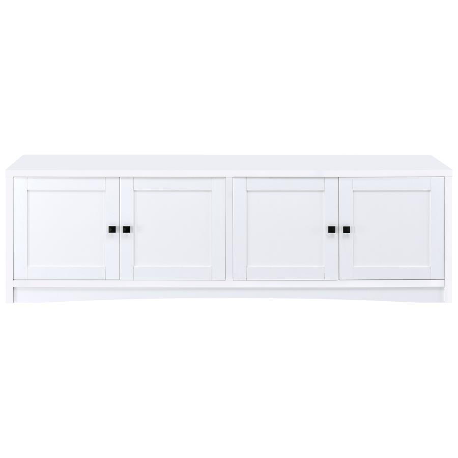 Laughlin 4-Door Engineered Wood TV Stand – White Finish, Modern Entertainment Console, Adjustable Shelves, Cord Management, Media Storage for 85" TVs