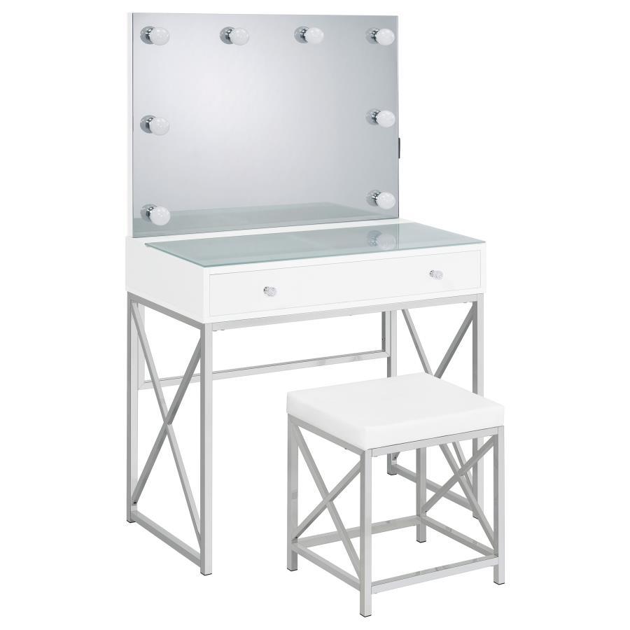 Eliza Vanity Set with Lighting & Stool in White and Chrome – Modern Makeup Table with Lighted Mirror, Large Drawer & Padded Stool for Bedroom