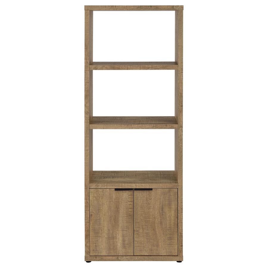 Tabby 3-Shelf Engineered Wood Media Tower – Mango Finish, Open Display Shelves, Hidden Cabinet Storage, Black Pull Handles, Living Room Organizer