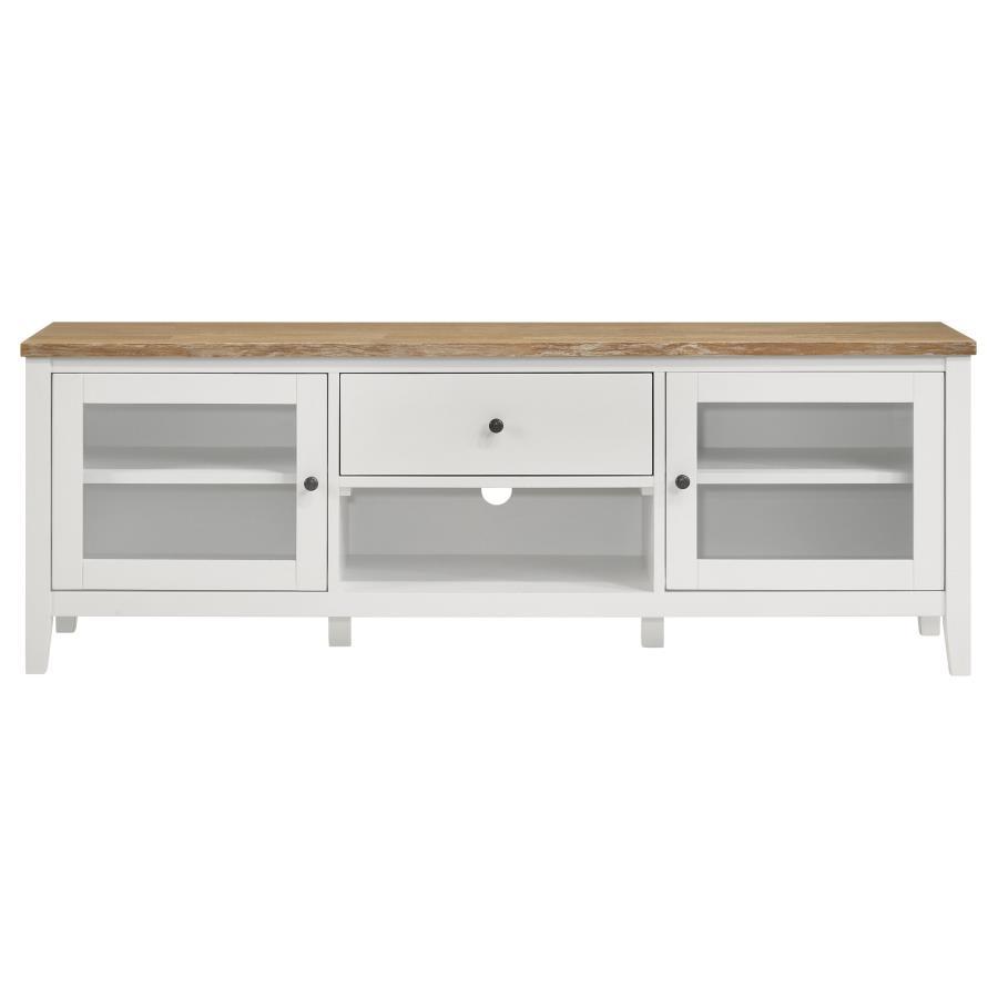 Hollis 3 Piece TV Stand Entertainment Center – White and Brown Ash Finish with Storage Drawers, Media Towers, Rustic Farmhouse & Coastal Style