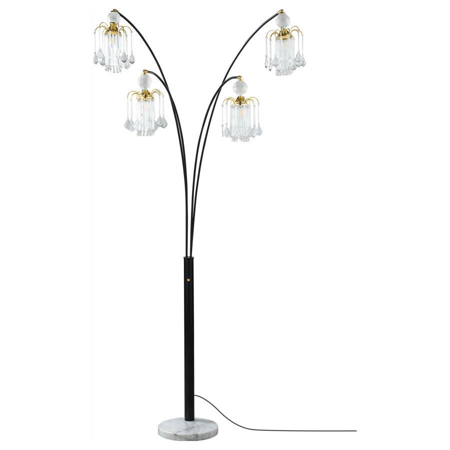 Maisel Hanging Crystal Arc Tree Floor Lamp in Black – Modern Elegant Lighting with Five Shimmering Crystal Arms, Chrome Stand, Dimmer Switch & White Base