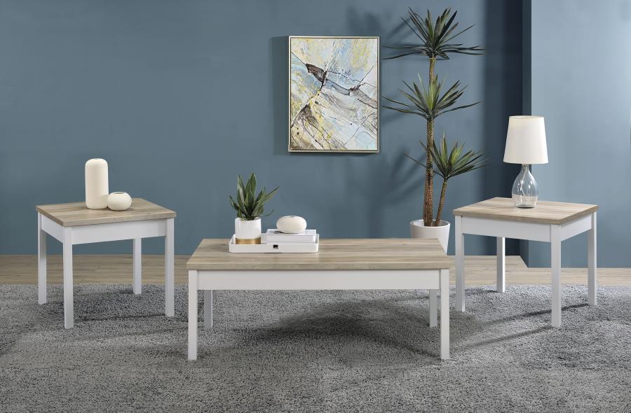 Stacie 3 Piece Coffee Table Set – Distressed Pine & White Farmhouse Style Living Room Furniture with Rectangular Coffee Table and Matching End Tables