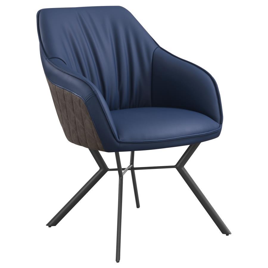 Mayer Upholstered Dining Arm Chair Set of 2 – Blue Leatherette & Brown Back, Diamond-Quilted, Sloped Arms, Gunmetal Legs, 32.34 lb