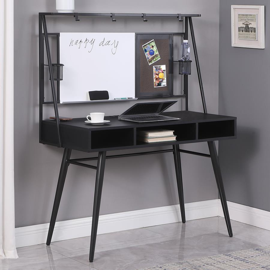 Jessie - Writing Desk with Whiteboard, USB Ports, AC Outlet, Wireless Charger – Modern Black Workspace with Storage Shelves and Organizer Hooks