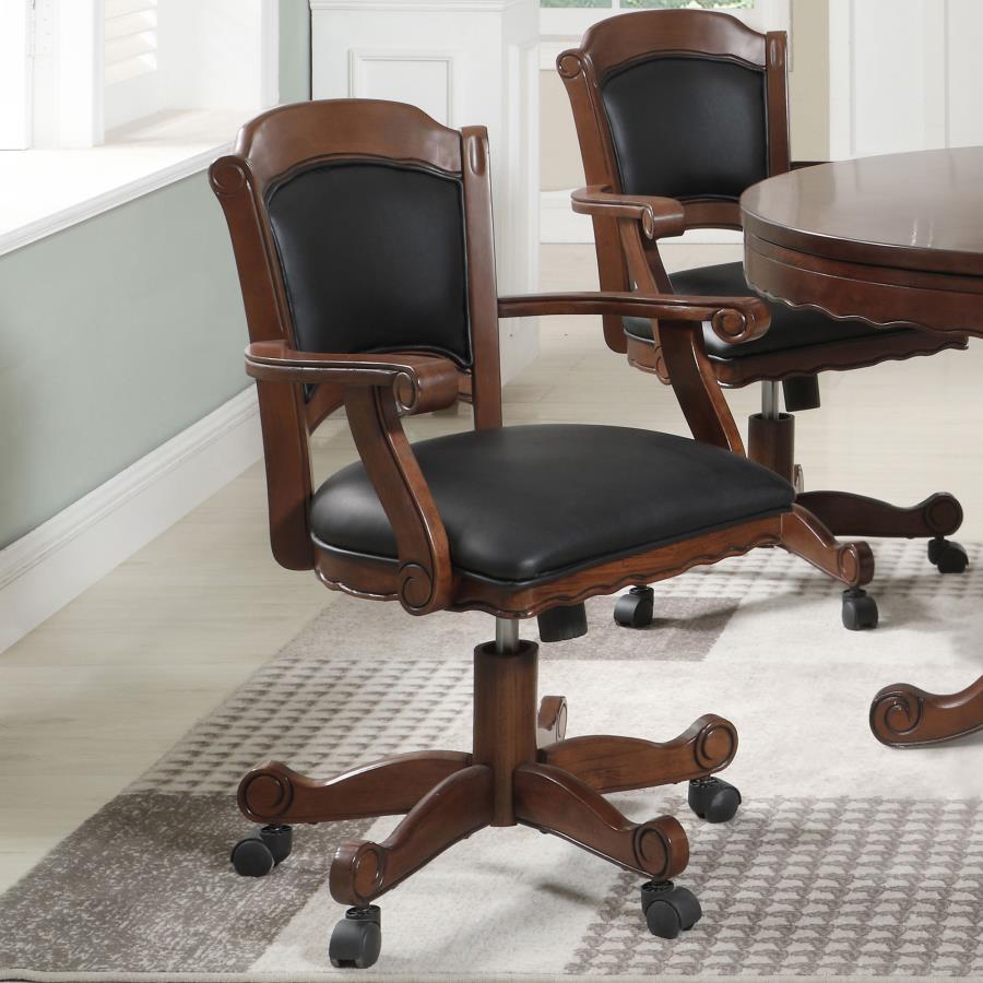 Turk Upholstered Swivel Dining and Game Chair - Tobacco Finish, Black Leatherette Seat, Caster Wheels, Curved Accents, Scalloped Design, Versatile Style
