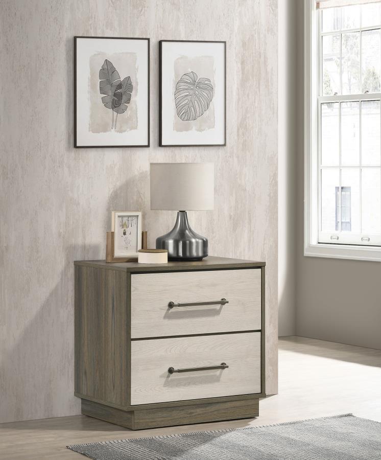 Fenwick 2-Drawer Nightstand Bedside Table in Gray Oak with Two-Tone Finish, Floating Base Design, Metal Extension Glides, and Antique Nickel Handles
