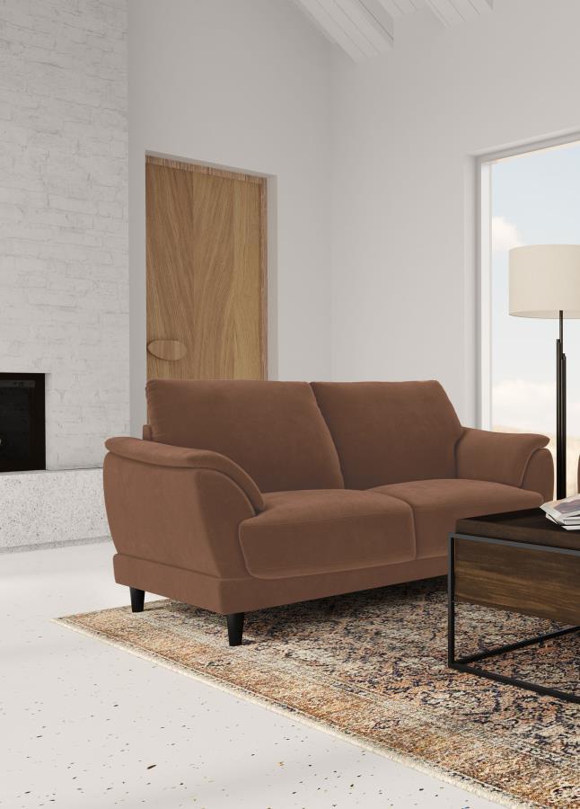 Selma Velvet Upholstered Crescent Arm Loveseat - Rust, Plush Foam Seating, Sinuous Spring Support, Espresso Tapered Legs, Retro Living Room Accent