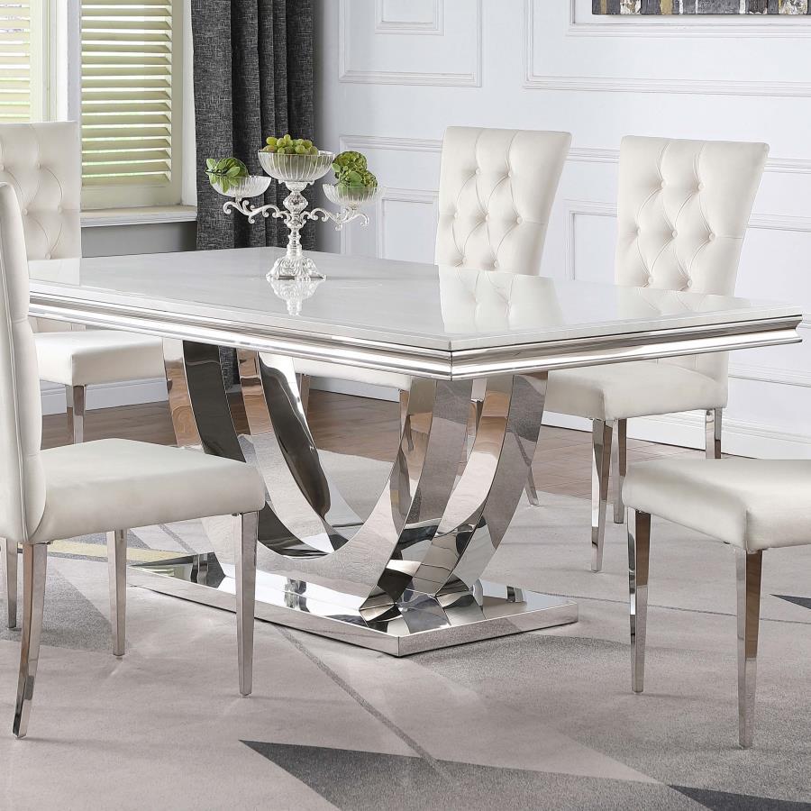 Kerwin Rectangular Stone Top Dining Table – White Marble Paper Top with Beveled Edge, Polished Chrome Pedestal Base, Seats Six, Modern Glam