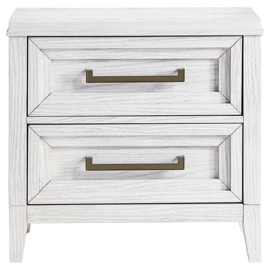 Marielle 2-Drawer Nightstand Bedside Table with Antique Brass Hardware – Distressed White Wood Finish, Modern Storage Nightstand