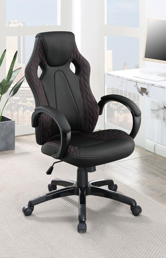 Carlos Upholstered Adjustable Home Office Desk Chair – Black Leatherette with Red Stitching, Rolling Base, Padded Arms and Headrest