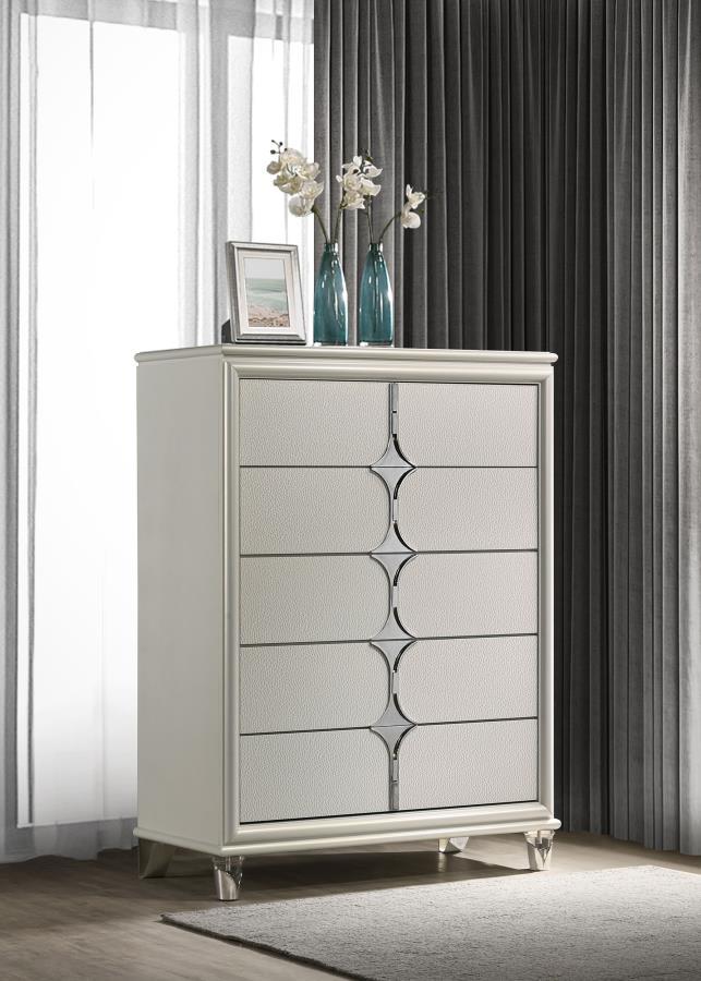 Olivia 5-Drawer Bedroom Chest – Pearl White with Diamond Star Drawer Fronts, Chrome Accents, Acrylic Feet, Modern Storage Cabinet for Stylish Bedrooms