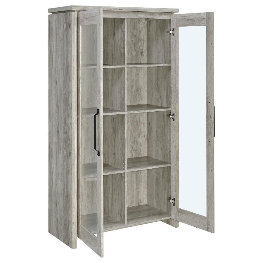 Alejo 2-Door Engineered Wood Tall Cabinet – Gray Driftwood Finish, Glass Doors with Dark Hardware, 8 Shelves for Display and Storage in Living Room or Den