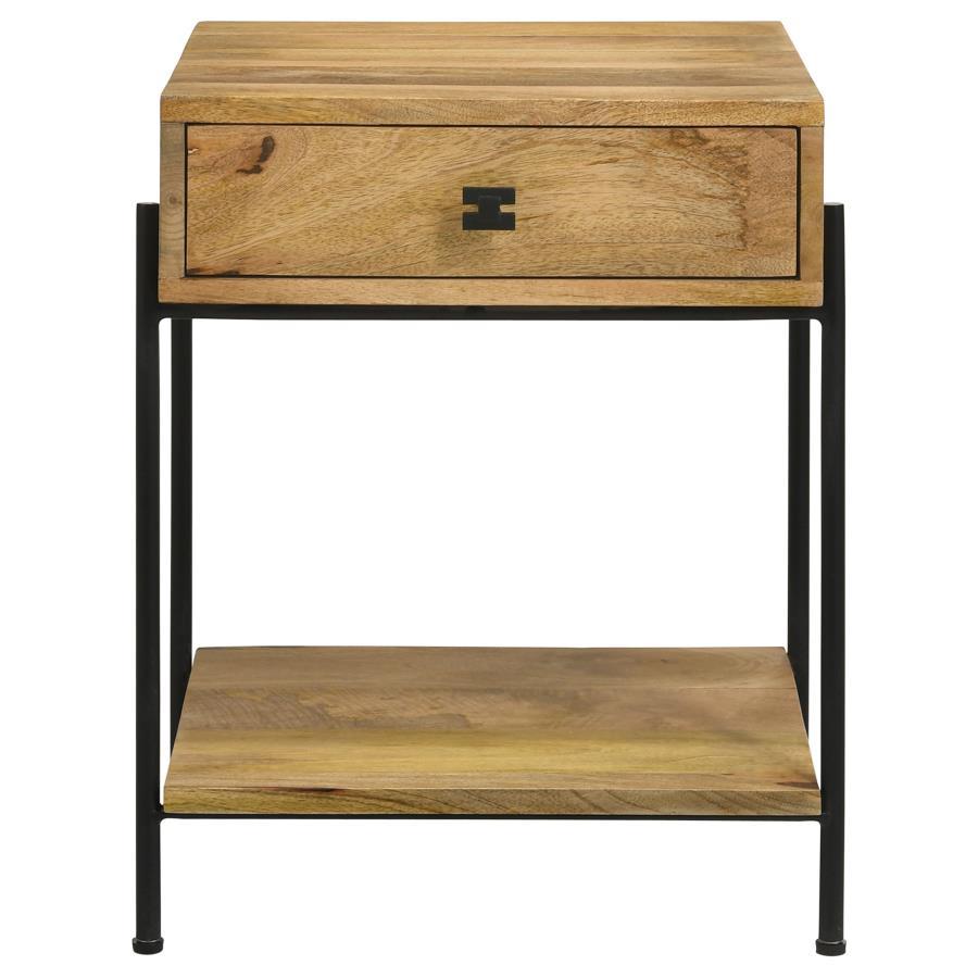 Declan 1-Drawer Wood Accent Side Table – Natural Mango Solid Wood Top with Black Iron Frame, Single Drawer Storage and Open Bottom Shelf