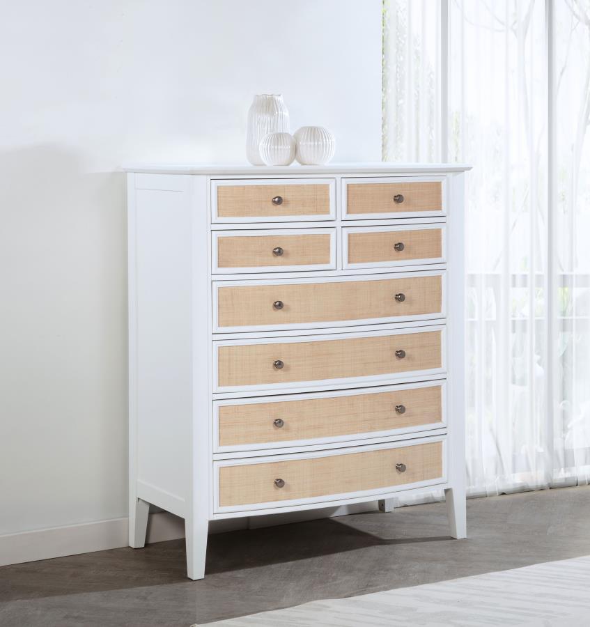 Bexhill 8-Drawer Chest of Drawers in White with Coastal Rattan Accents – Stylish Storage Solution for Bedroom Organization and Home Décor