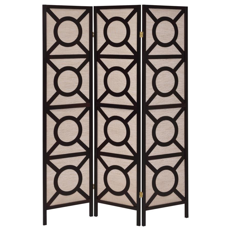 Vulcan 3-Panel Folding Room Divider Shoji Screen with Geometric Cutout Design – Cappuccino and Tan Decorative Privacy Screen for Home or Office
