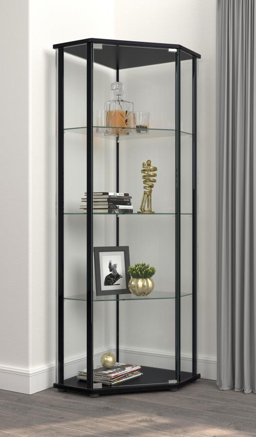 Zenobia 4-Shelf Curio Cabinet Display Case – Black Metal Frame with Chrome Accents, Tempered Glass Shelves, Modern Triangular Design for Decor and Collectibles