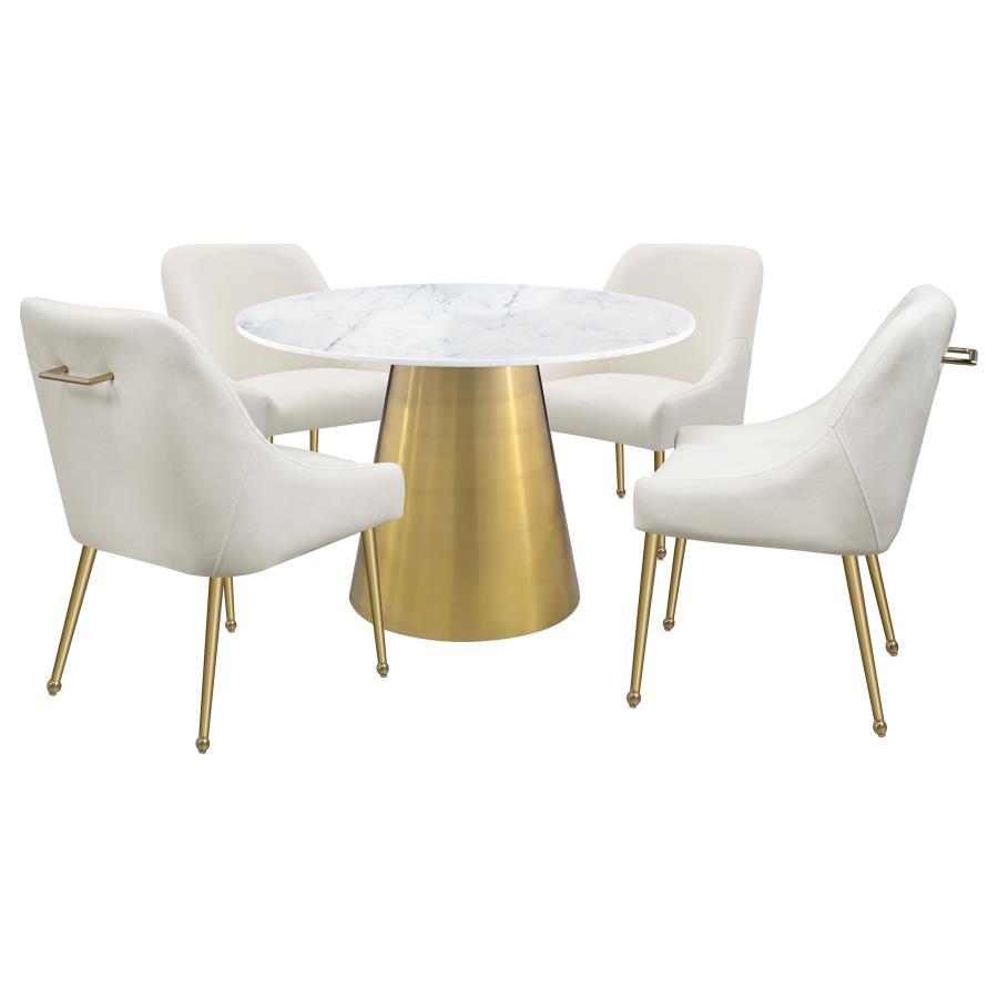 Ambrose Round Marble Top Dining Table – 50" Elegant White Marble with Light Grey Veining, Brushed Gold Pedestal Base for Luxurious Modern Dining
