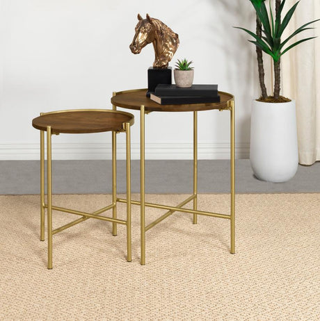 Malka 2 Piece Round Wood Nesting Tables – Dark Brown Mango Wood Tops with Gold Iron X-Frame Bases, Compact Modern Side Tables for Living Room or Lounge