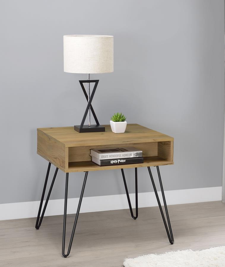 Fanning Engineered Wood Side End Table – Golden Oak with Black Hairpin Legs, Open Shelf for Storage, Mid-Century Modern Accent Piece