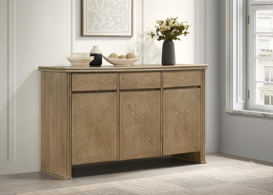 Adina 2-Door Sideboard Server – Distressed Light Brown Oak Veneer Storage Cabinet with Vertical Reeding Panels & Adjustable Shelves
