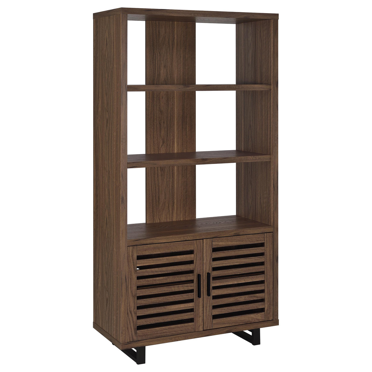 Maddox - 3-Shelf Cabinet Bookcase in Walnut – Modern Storage with Slatted Doors, Open Shelves, and Durable Scratch-Resistant Melamine Finish
