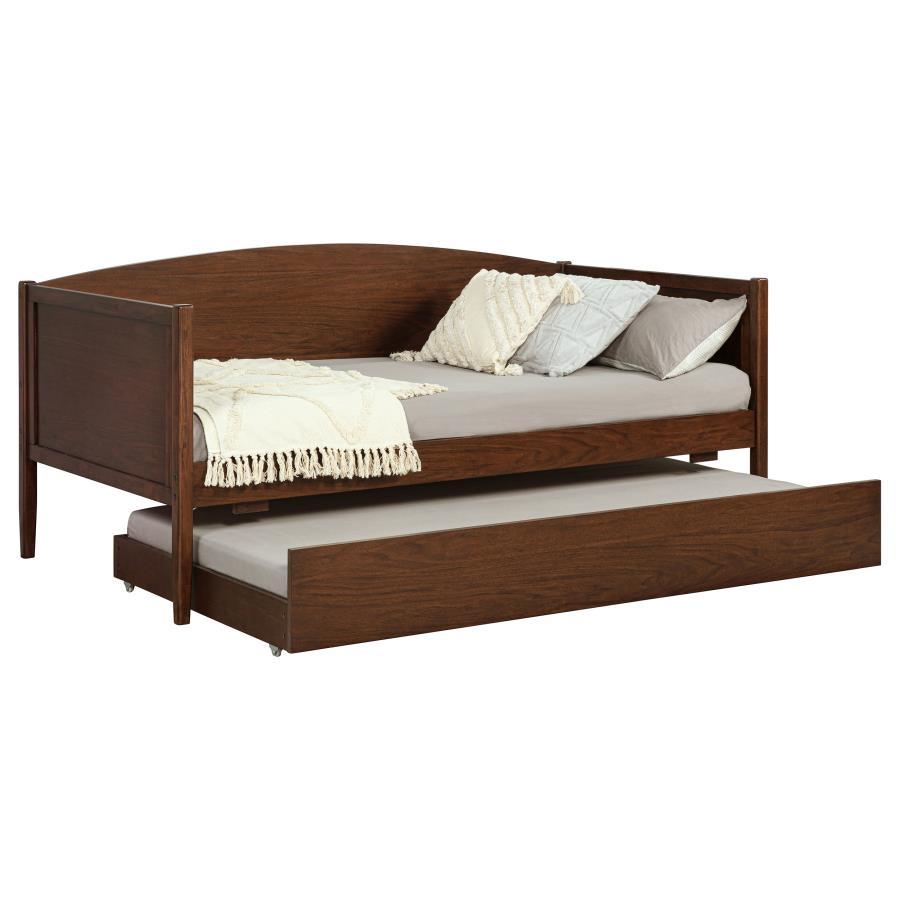 Bozeman Wood Twin Daybed With Trundle – Medium Walnut Finish, Camelback Silhouette, Square Tapered Legs, Durable Hardwood and MDF Construction