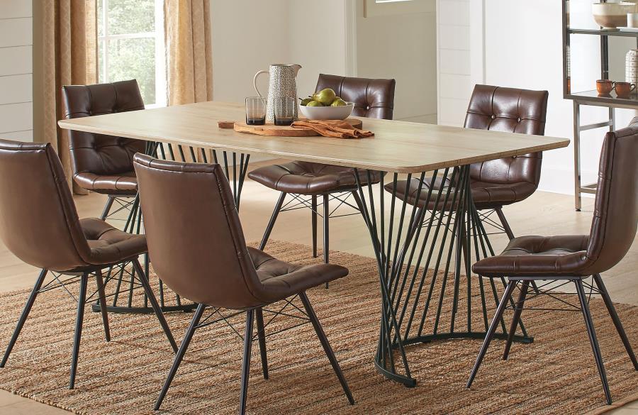 Altus Composite Wood Dining Table – Natural Oak with Twisted Gunmetal Pedestal Bases, Rectangular Rustic Industrial Design, Seats 8