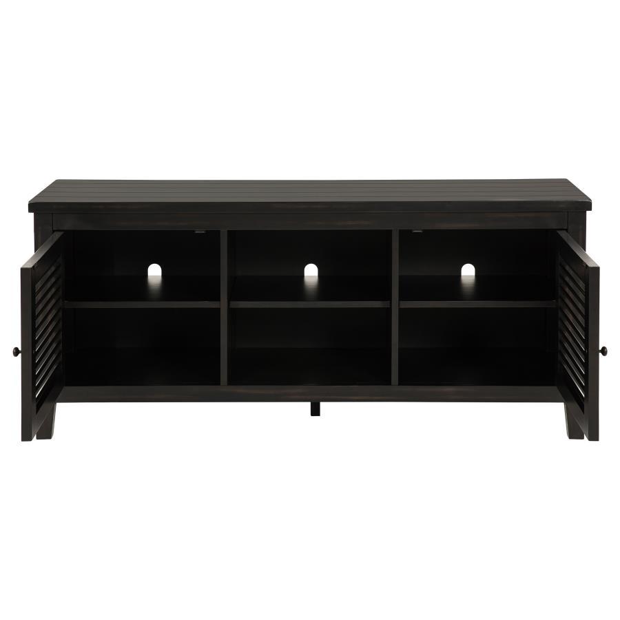 Concord 60-Inch 2-Door TV Stand Console in Distressed Java with Louvered Doors, Planked Top, Open Shelving & Cord Management for TVs up to 65-Inches