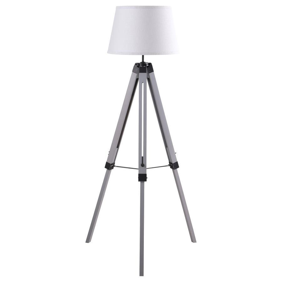 Dayton Empire Shade Metal Tripod Floor Lamp in Gray – Modern Rustic Design with Weathered Wood Legs, White Linen Shade, and Ambient Lighting