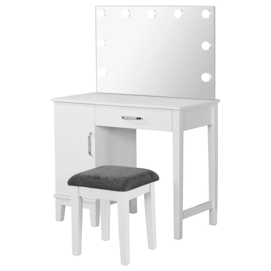 Elijah Vanity Set With Lighting & Stool - White and Dark Gray, Hollywood Glam Makeup Table, LED Mirror Lights, Bedroom or Dressing Room Vanity