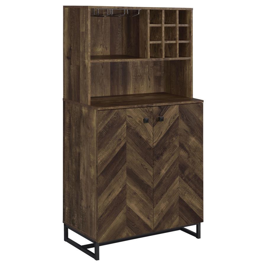Mendoza 2-Door Home Bar Cabinet Wine Storage - Rustic Oak Finish, Herringbone Design, Stemware & Bottle Storage, Modern Transitional Home Bar