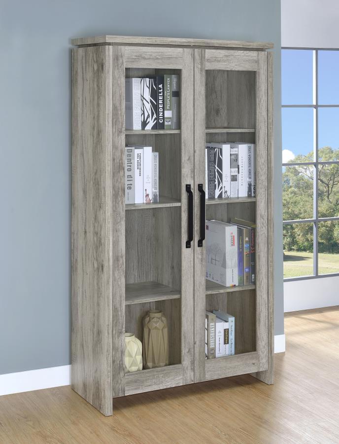 Alejo 2-Door Engineered Wood Tall Cabinet – Gray Driftwood Finish, Glass Doors with Dark Hardware, 8 Shelves for Display and Storage in Living Room or Den
