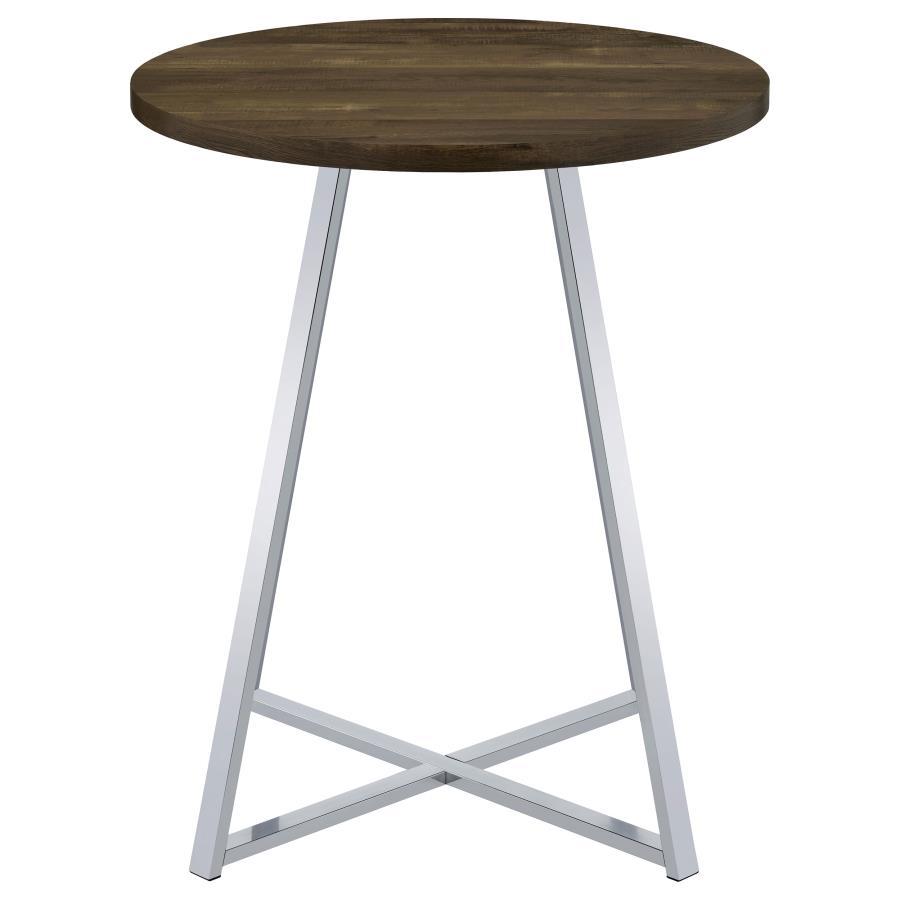 Burkhart Round Pub Height Bistro Bar Table – Brown Oak Top with Chrome X-Base, Modern Rustic Design, Compact Round Table for Home Bars & Entertainment