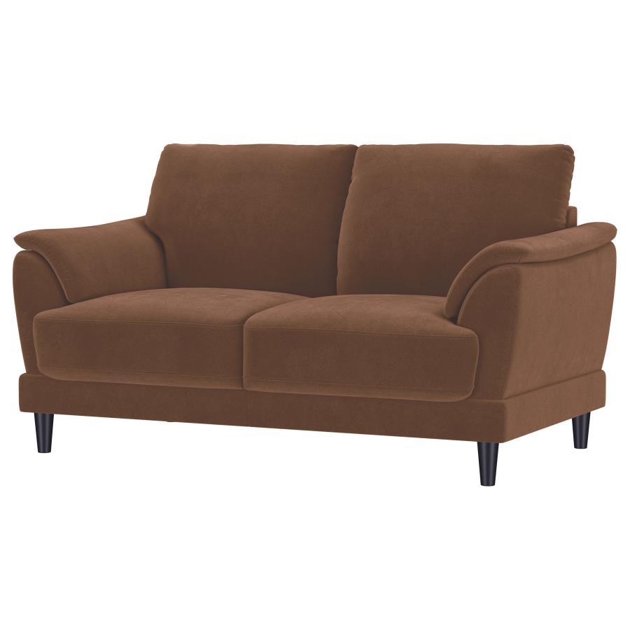 Selma Velvet Upholstered Crescent Arm Loveseat - Rust, Plush Foam Seating, Sinuous Spring Support, Espresso Tapered Legs, Retro Living Room Accent