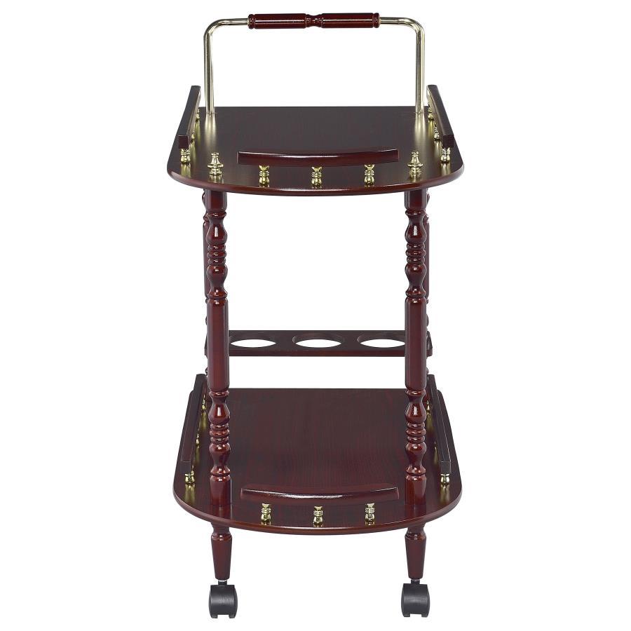Palmer 2-Tier Rectangular Wood Bar Cart in Merlot – Traditional Style with Bottle Holder, Spacious Shelves & Brash-Finish Metal Accents