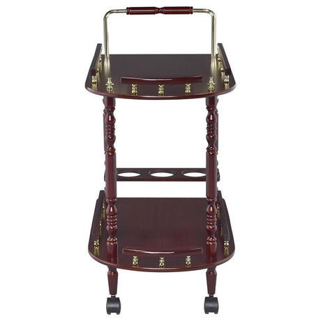 Palmer 2-Tier Rectangular Wood Bar Cart in Merlot – Traditional Style with Bottle Holder, Spacious Shelves & Brash-Finish Metal Accents