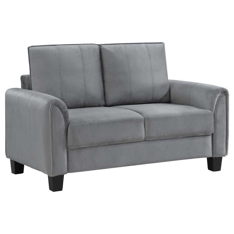 Davis Upholstered Rolled Arm Loveseat, Gray Fabric, Plush Cushions, Reversible Back, Sinuous Spring Seating, Tapered Block Legs, Compact Design