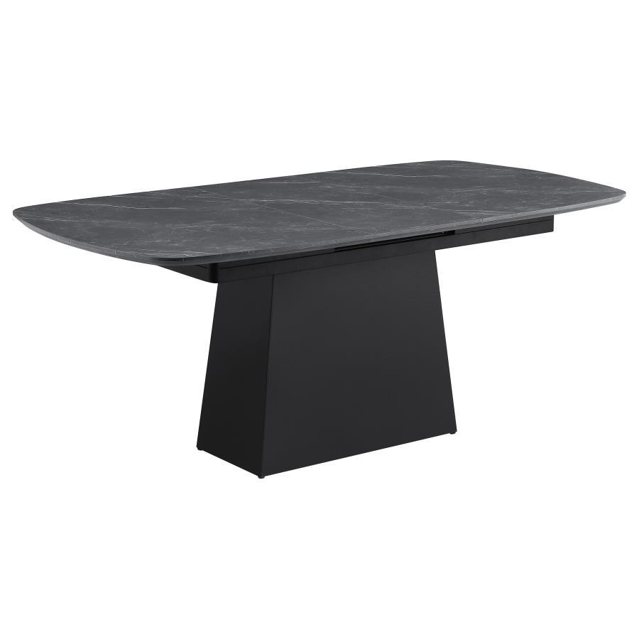 Potero Faux Marble Extension Leaf Dining Table – Black with 15.75-Inch Self-Storing Leaf, Trapezoid Base, Modern Design for Contemporary Dining Rooms