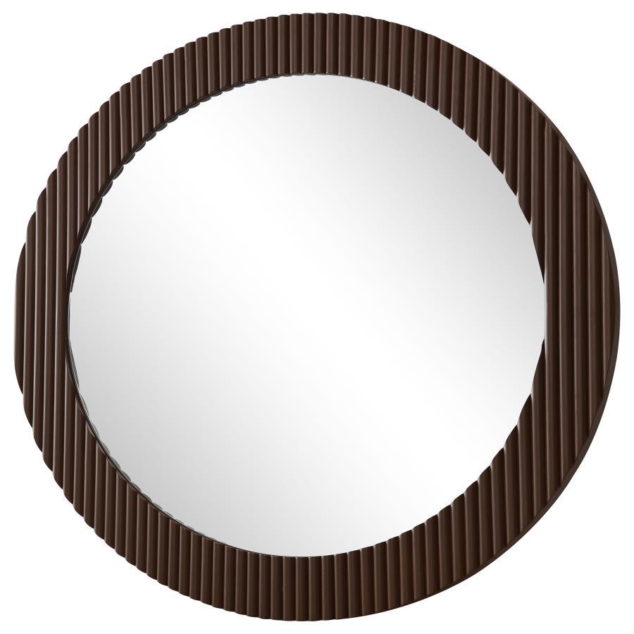 Dexter Round Reeding Frame Wall Mirror – Brown with Textured MDF Frame, Modern Industrial Design, Perfect for Living Room, Entryway, or Mantel