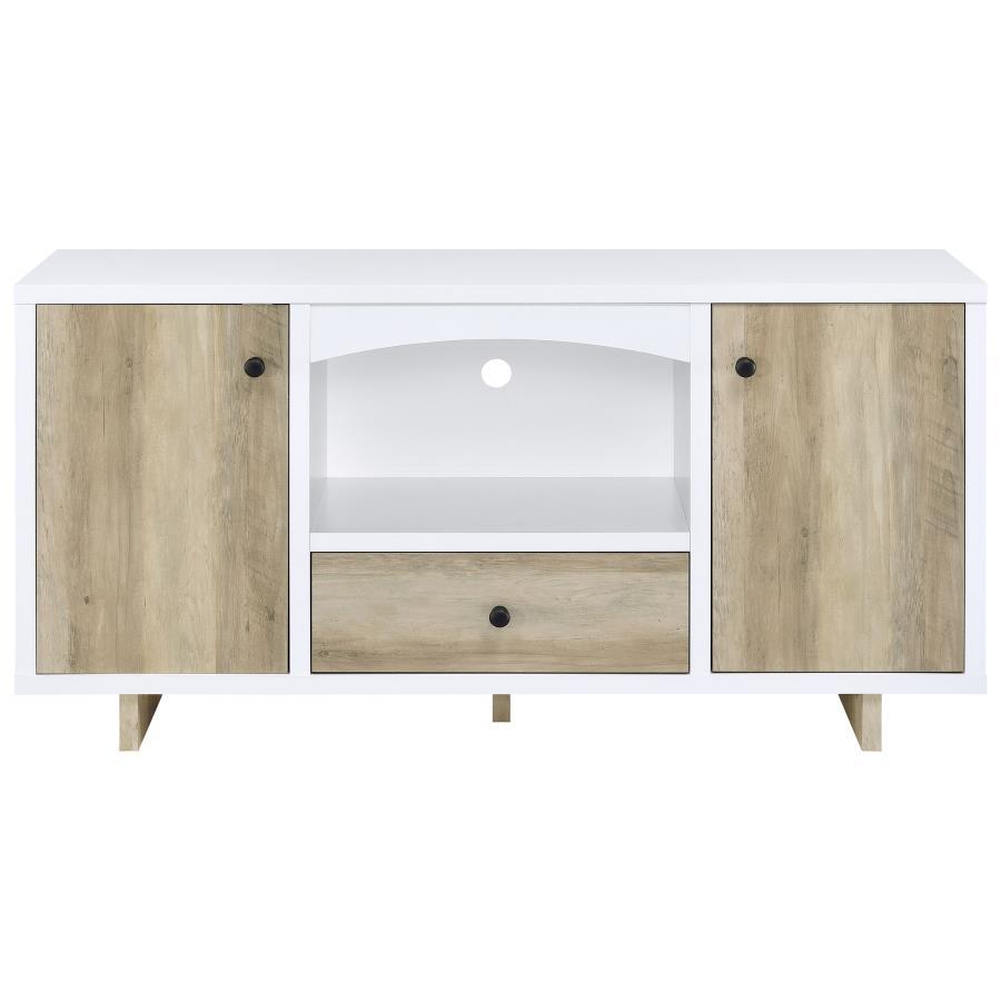 Dalton 2-Door Storage Credenza – White and Distressed Pine Modern Farmhouse Cabinet with Open Shelf, Cord Management, and Durable Melamine Finish