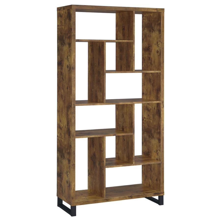 Delwin 6-Shelf Bookshelf – Rustic Nutmeg Finish with Antique Black Accents, Versatile Square and Rectangular Shelves for Books, Décor, and Plants