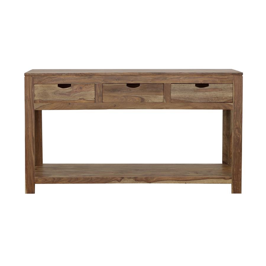 Esther 3-Drawer Wood Console Table – Natural Sheesham with Rustic Grain, Lower Shelf, Sturdy Construction, Versatile Storage for Entryway or Living Roomb