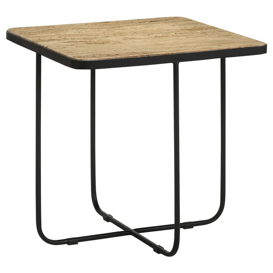 Elyna Square Stone Top Accent Side Table – Beige Travertine Top, Matte Black Iron Base, Modern Geometric Design, Versatile Living Room or Bedroom Table