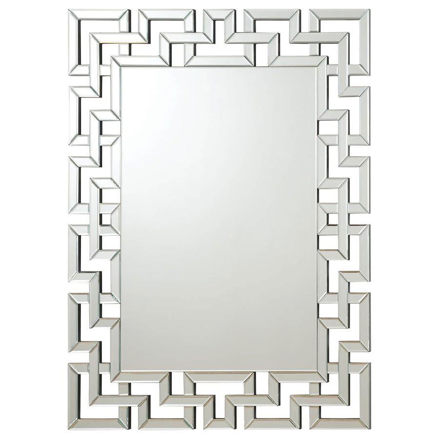 Forman Greek Motif Frameless Wall Mirror – Silver, Interlocking Geometric Design, Modern Accent, Versatile Vertical or Horizontal Hanging, 37.5"W x 47.5"H