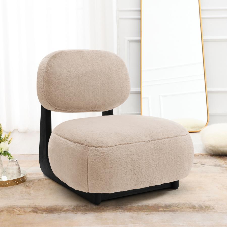 Duffie Upholstered Armless Accent Chair – Modern Slipper-Style Chair with Oval Open Back, Thick Cushion & Black Base Frame in Camel Fabric