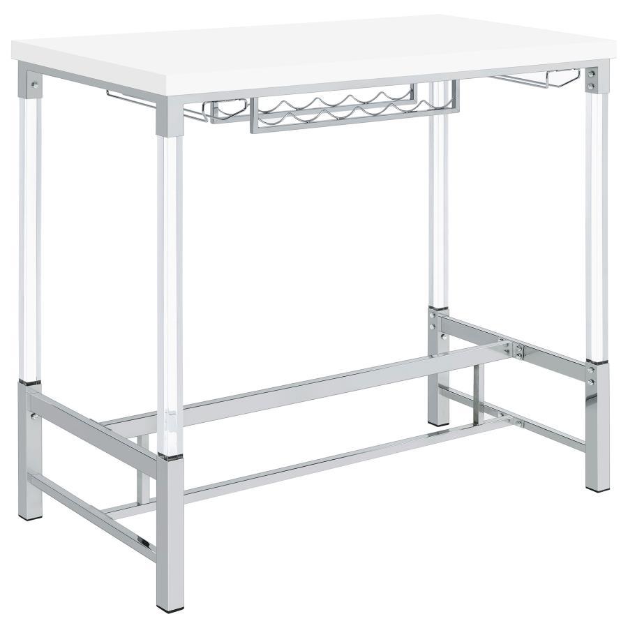 Norcrest Acrylic Leg Bar Table – White High Gloss Finish, Silver Trestle Base, Built-In Wine & Stemware Racks, Compact Modern Design for Entertaining