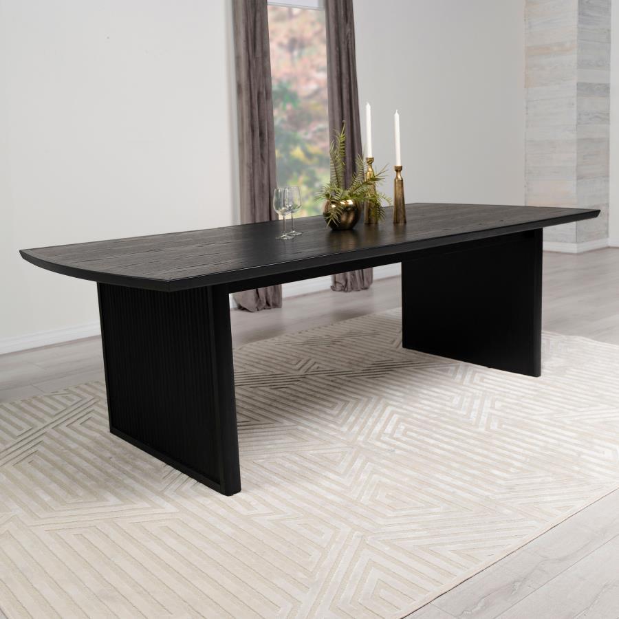 Brookmead Extension Leaf Dining Table – Black Wood Minimalist Design, Sculpted Edge, Wire-Brushed Finish, Straight Wide Legs, Versatile & Sturdy