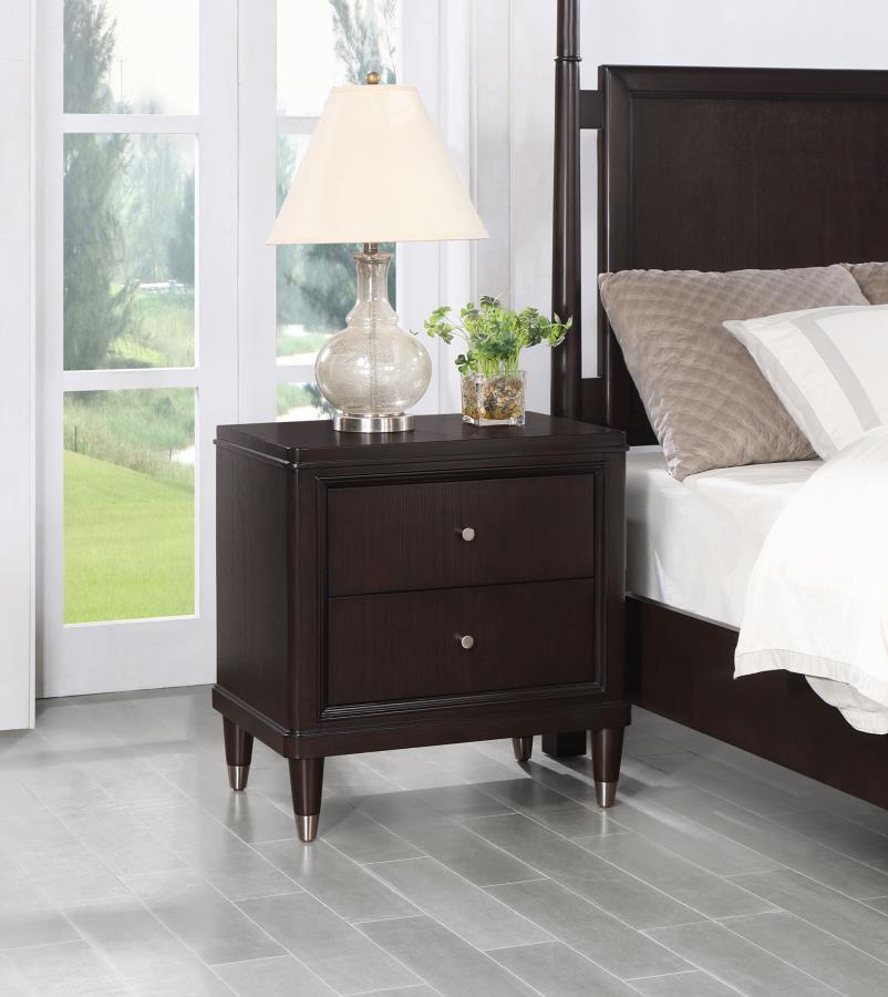 Emberlyn 2-Drawer Nightstand - Brown, Modern Bedroom Side Table with Felt-Lined and Cedar Drawers, Tapered Feet with Metallic Accents, Stylish Storage