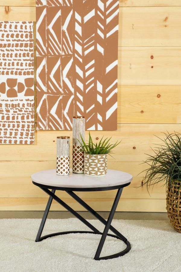 Miguel Round White Marble Top Coffee Table with Black Metal C-Shape Base, Modern Geometric Accent Cocktail Table for Living Room or Lounge