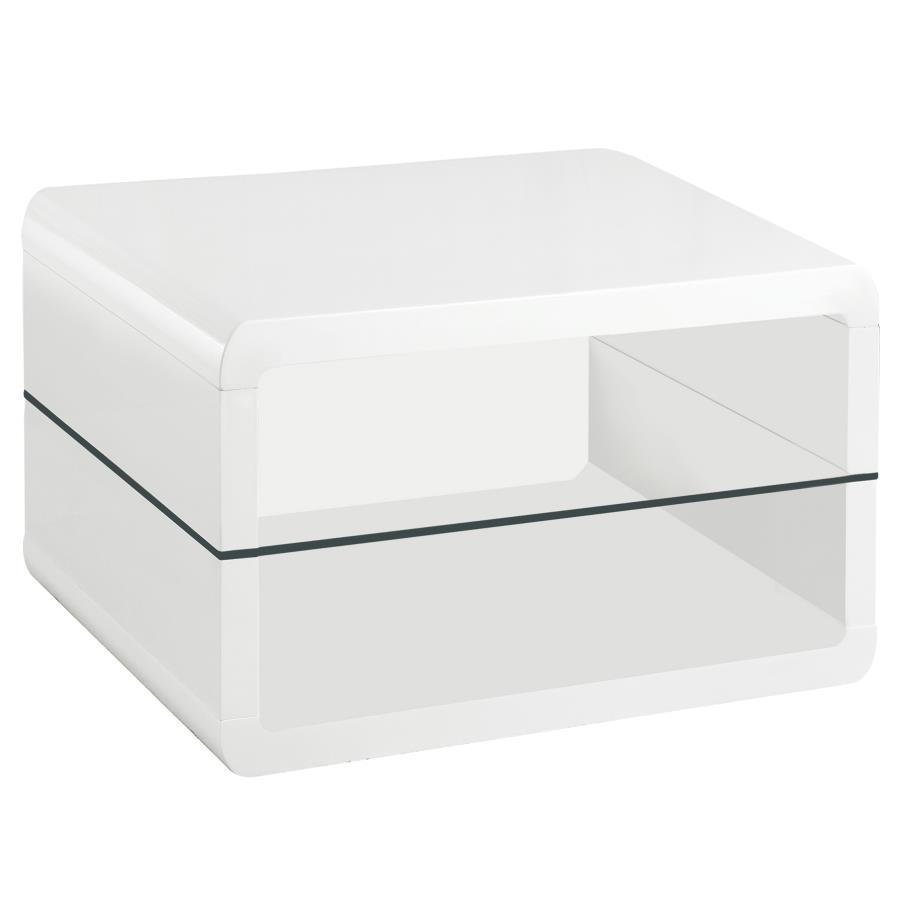 Elana 1-Shelf Rectangular Side End Table – White High Gloss Finish with Tempered Glass Shelf – Modern Cube Design